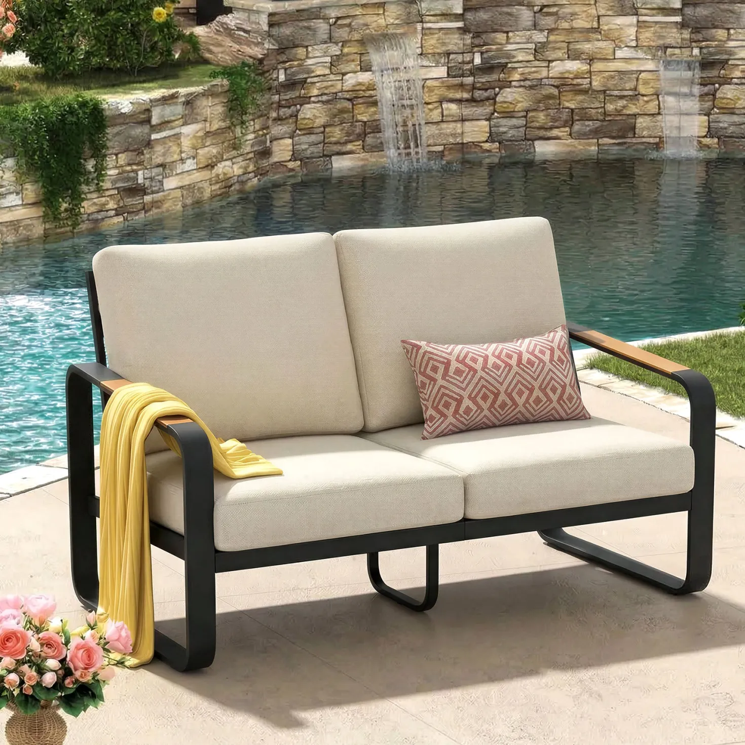 54.3" Wide Loveseat Sofa, Outdoor Patio Sofa With Removable Cushions