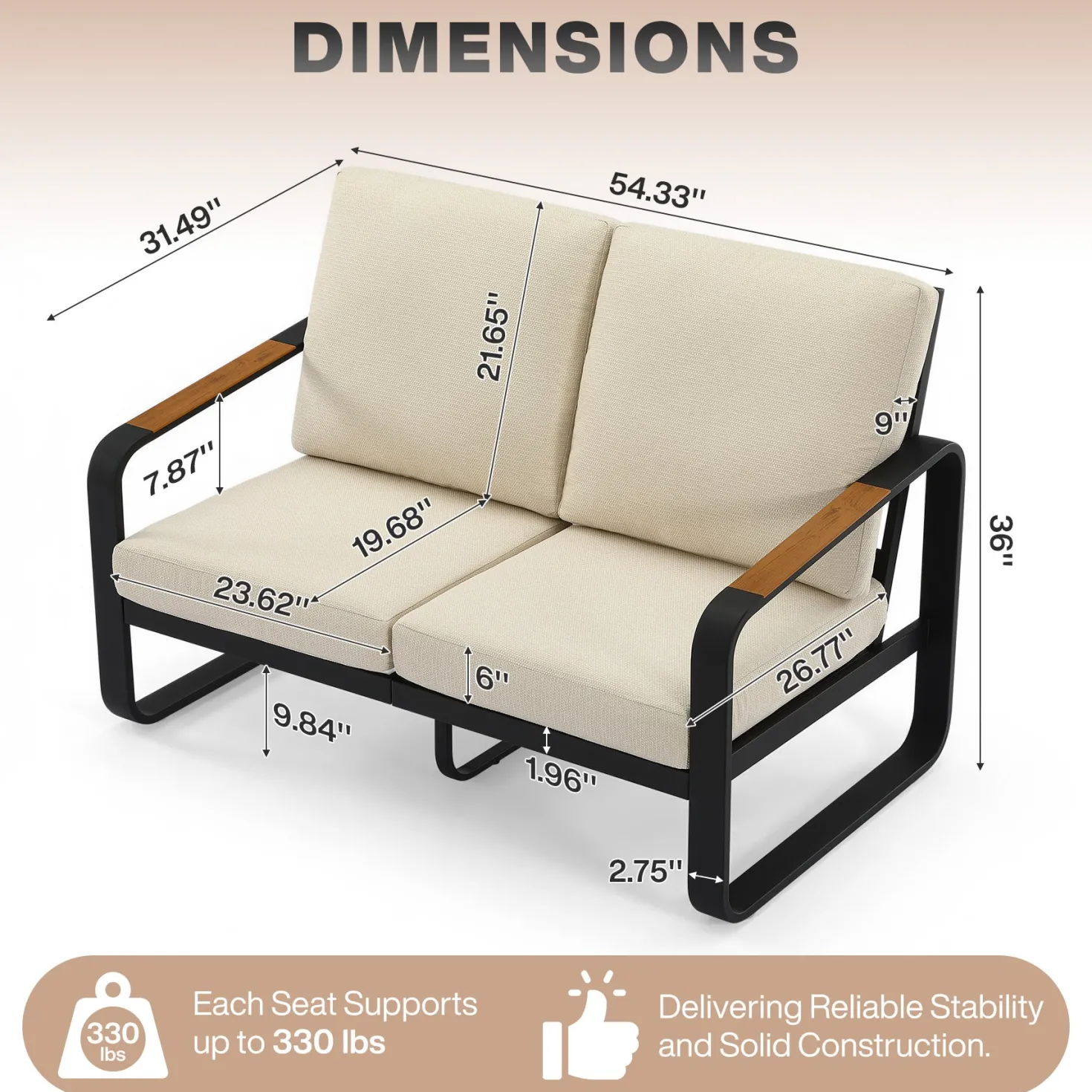 54.3" Wide Loveseat Sofa, Outdoor Patio Sofa With Removable Cushions