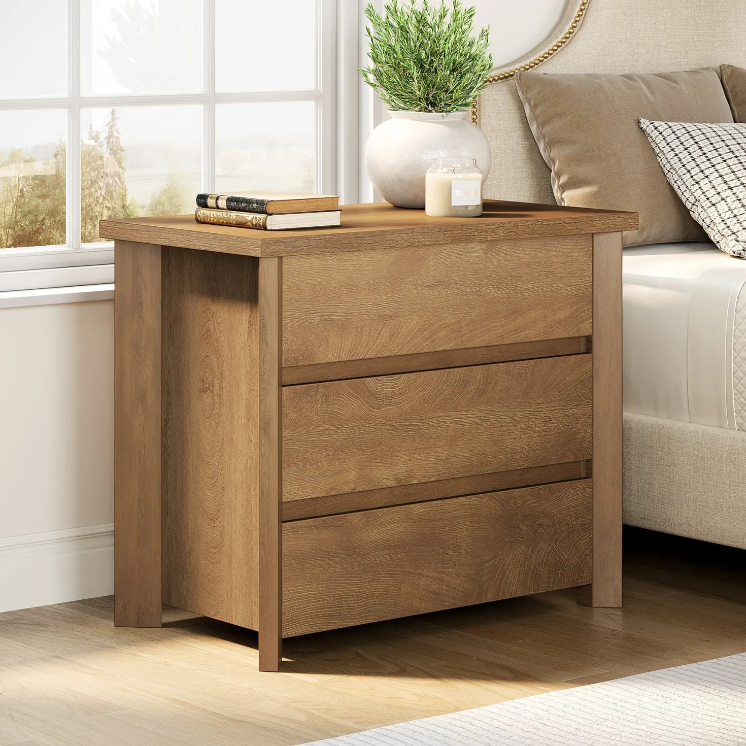 31.5" Wide Nightstand, Farmhouse Bedside Table with 3 Storage Drawers