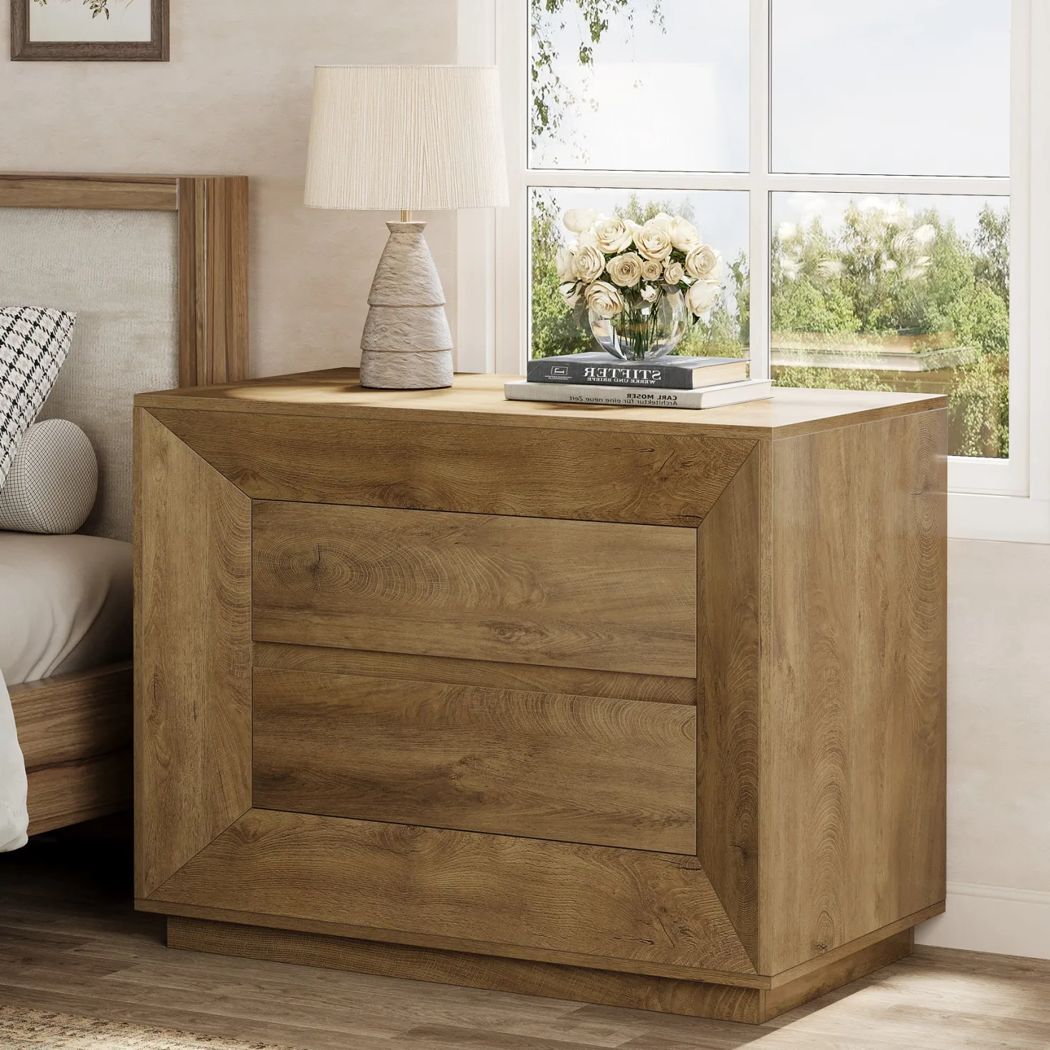 35.43" Wide Nightstand, Large Bedside Table with Drawers