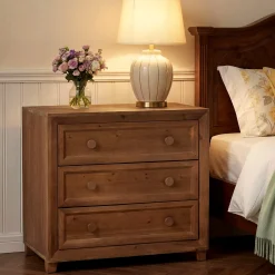 31.5" Wide Nightstand, Solid Wood Bedside Table with 3 Drawers