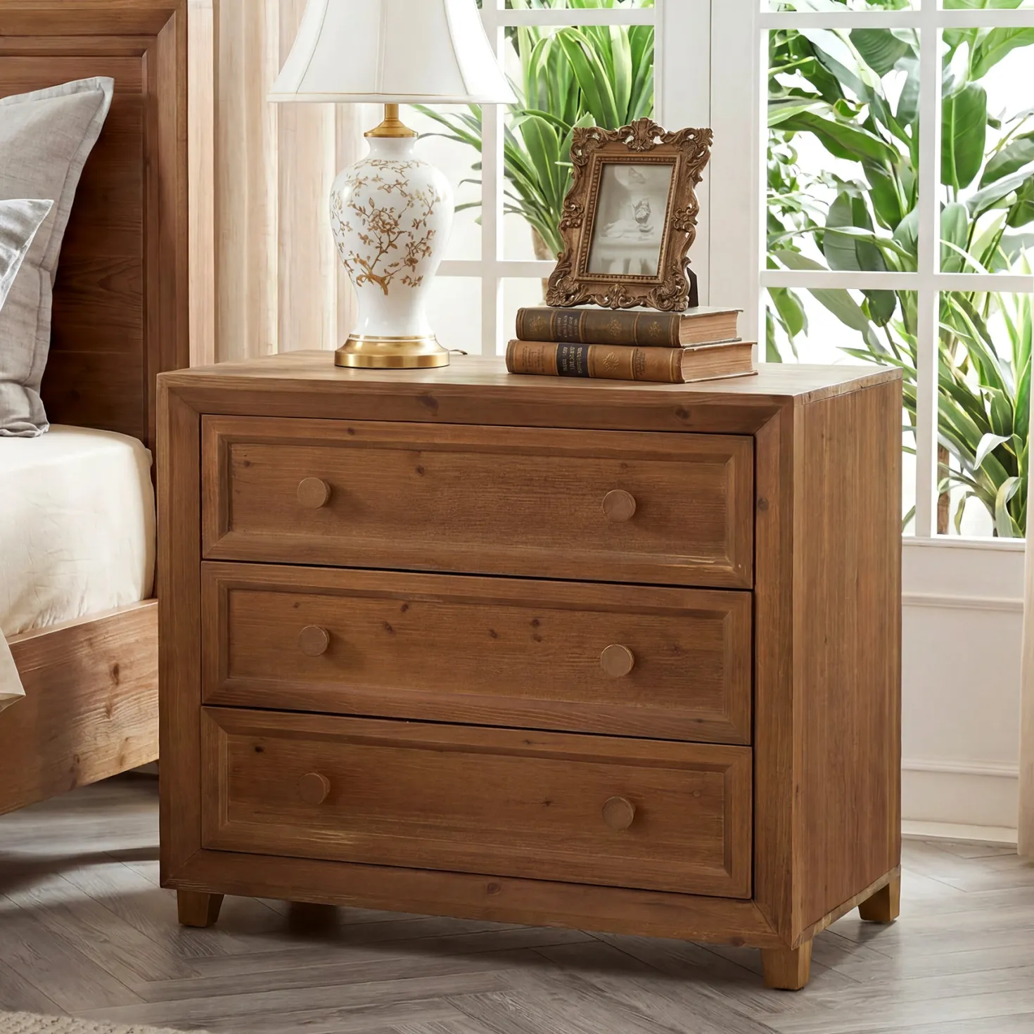 31.5" Wide Nightstand, Solid Wood Bedside Table with 3 Drawers