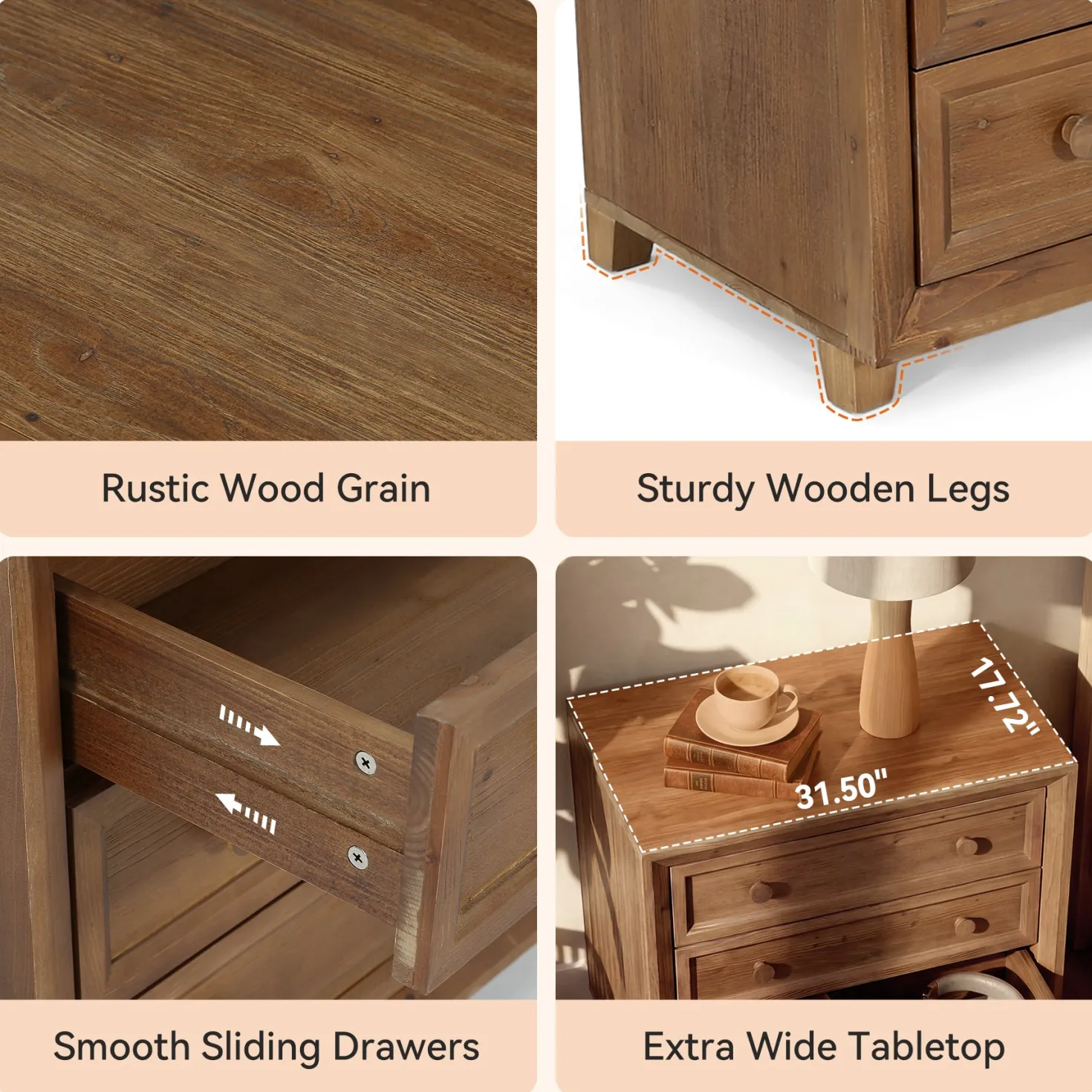 31.5" Wide Nightstand, Solid Wood Bedside Table with 3 Drawers