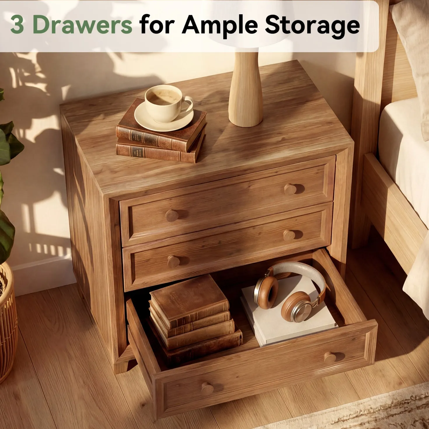 31.5" Wide Nightstand, Solid Wood Bedside Table with 3 Drawers