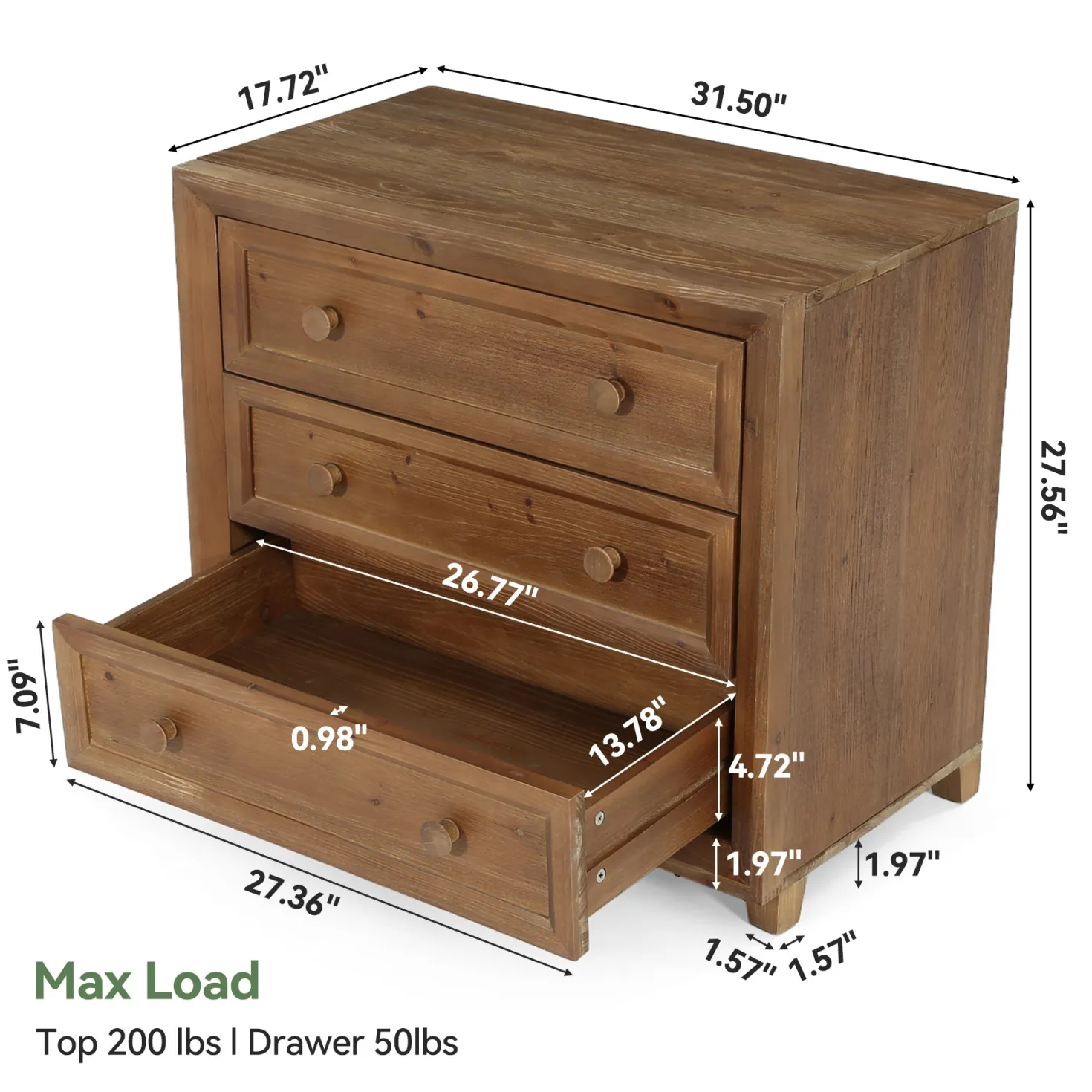 31.5" Wide Nightstand, Solid Wood Bedside Table with 3 Drawers