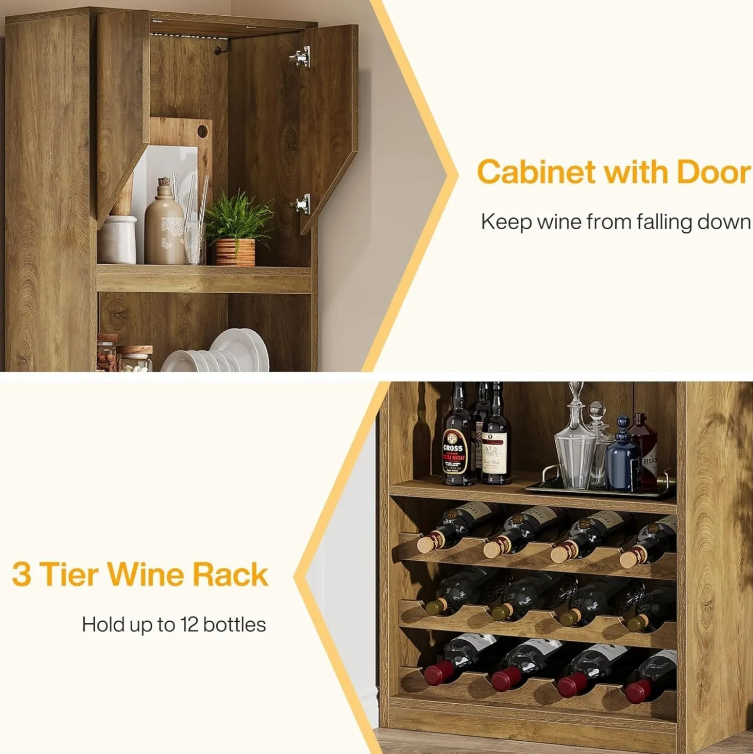 86.6" Wine Bar Cabinet, Farmhouse Home Bar Liquor Cabinet with with Stripe Light