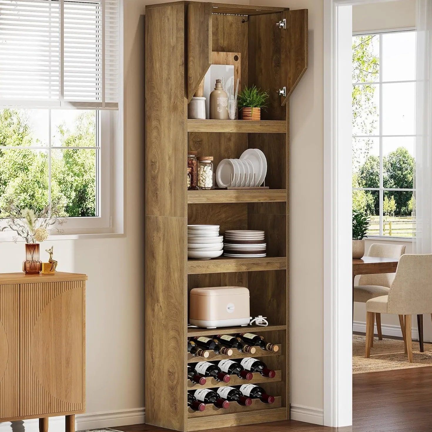 86.6" Wine Bar Cabinet, Farmhouse Home Bar Liquor Cabinet with with Stripe Light