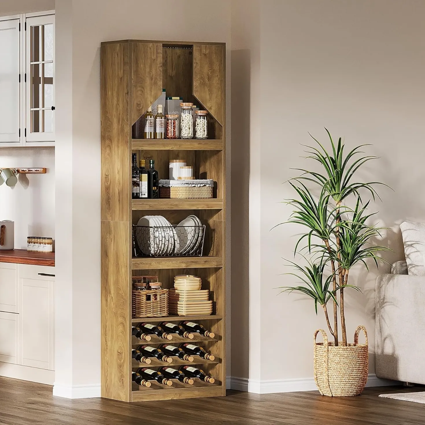 86.6" Wine Bar Cabinet, Farmhouse Home Bar Liquor Cabinet with with Stripe Light