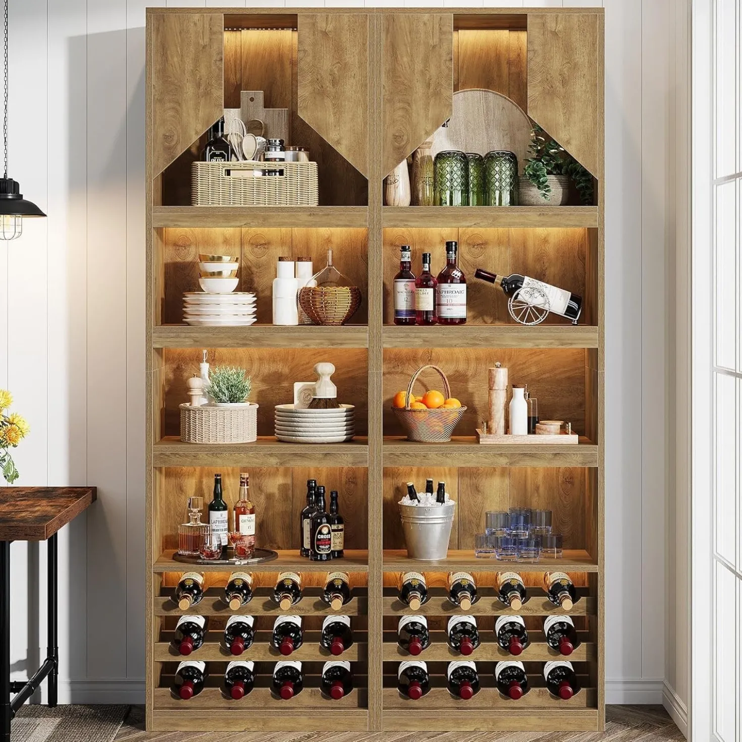 86.6" Wine Bar Cabinet, Farmhouse Home Bar Liquor Cabinet with with Stripe Light