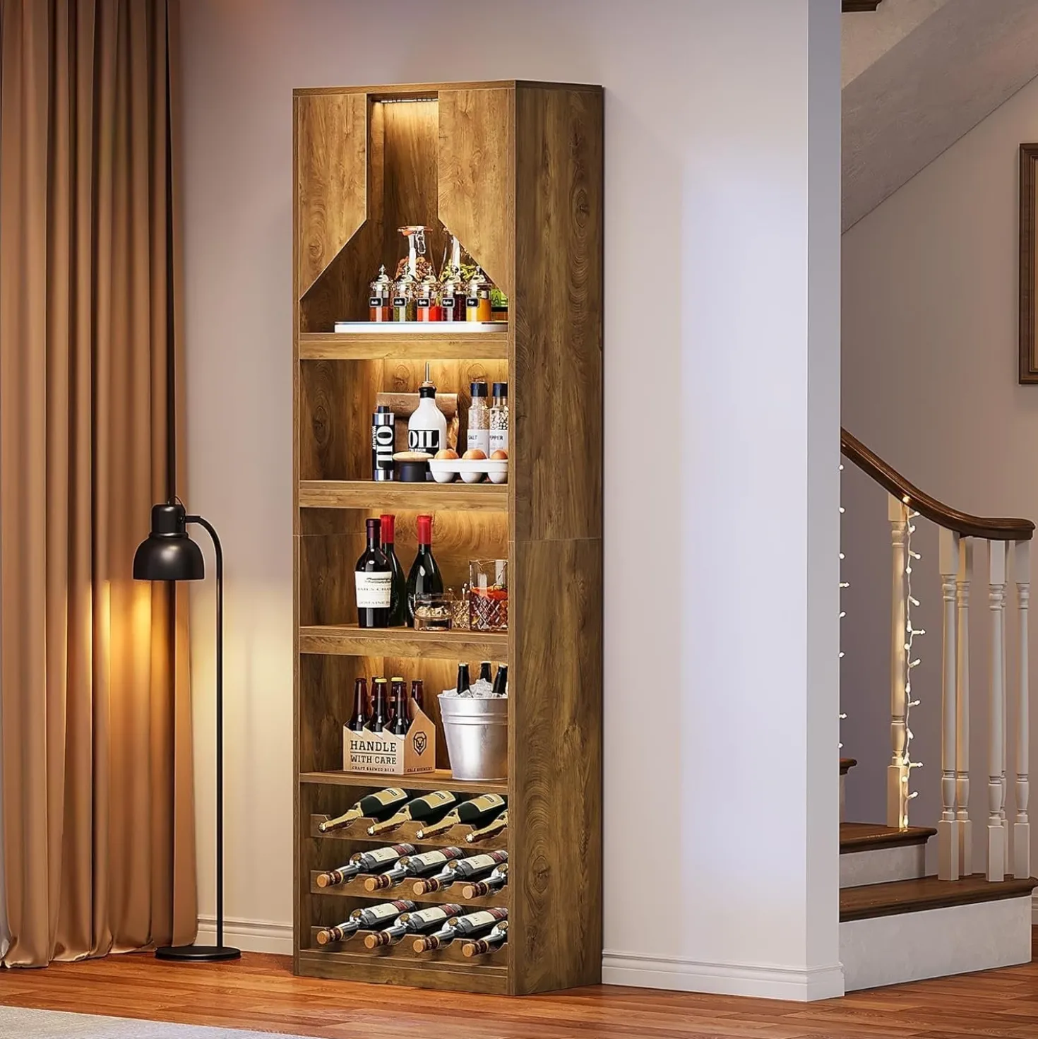 86.6" Wine Bar Cabinet, Farmhouse Home Bar Liquor Cabinet with with Stripe Light