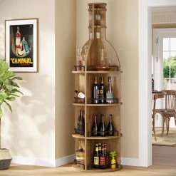 75" Wine Rack with Shelves, Round Wine Cabinet with Hanging Goblet Holder (No Lights)