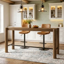 59" Wood Bar Table, Counter Height Dining Table with Metal Footrest for Kitchen (Only table)
