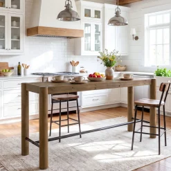 59" Wood Bar Table, Counter Height Dining Table with Metal Footrest for Kitchen (Only table)
