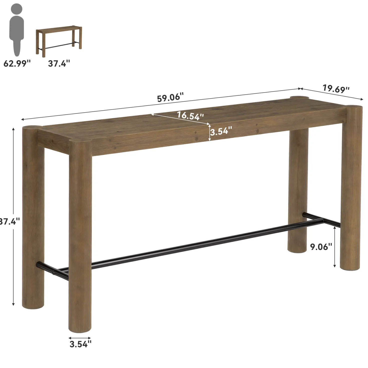 59" Wood Bar Table, Counter Height Dining Table with Metal Footrest for Kitchen (Only table)