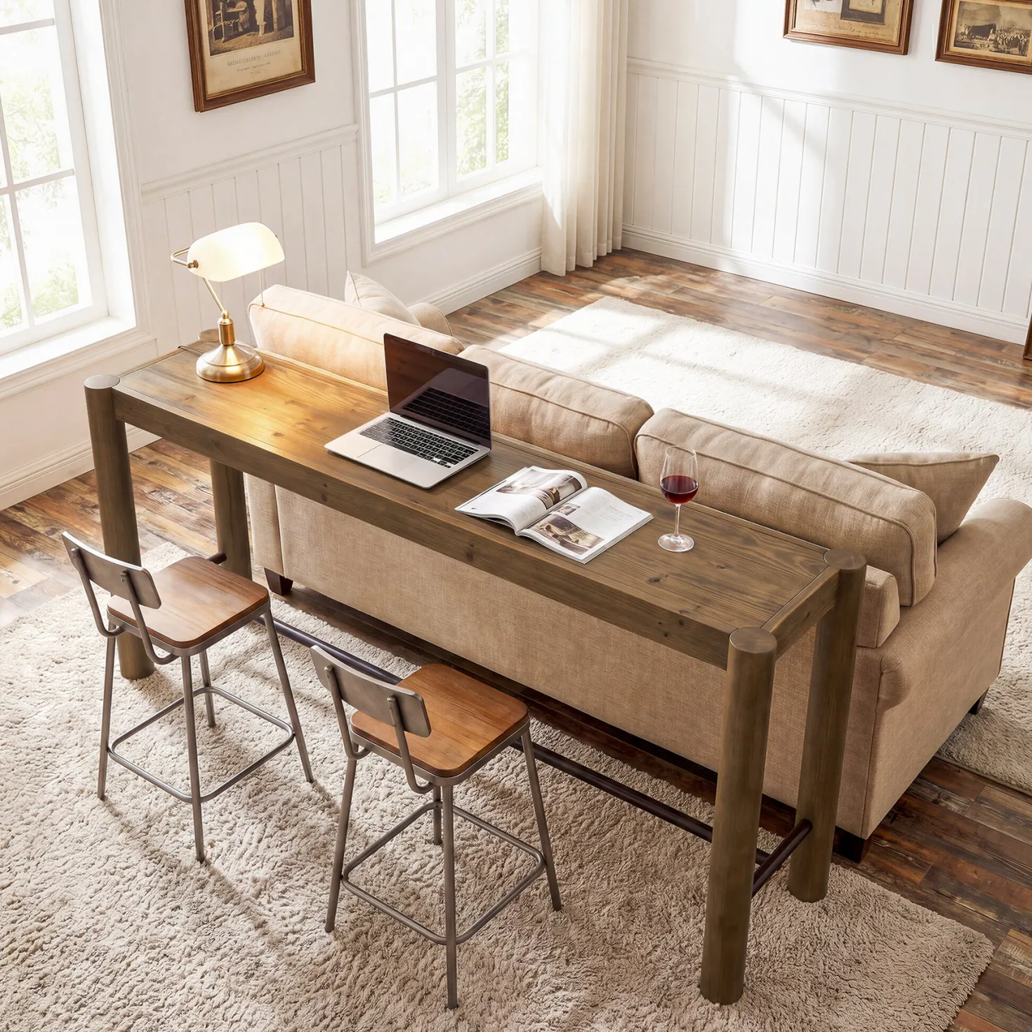 59" Wood Bar Table, Counter Height Dining Table with Metal Footrest for Kitchen (Only table)