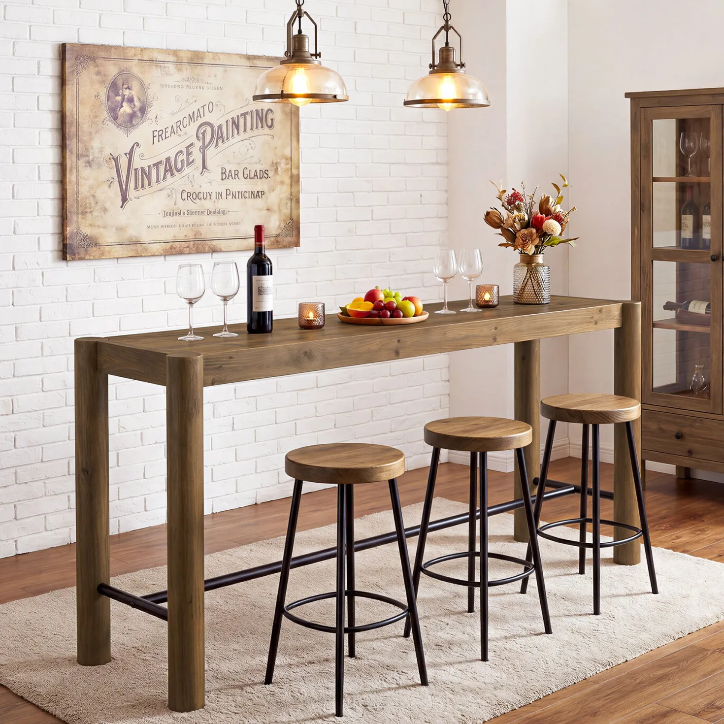 59" Wood Bar Table, Counter Height Dining Table with Metal Footrest for Kitchen (Only table)