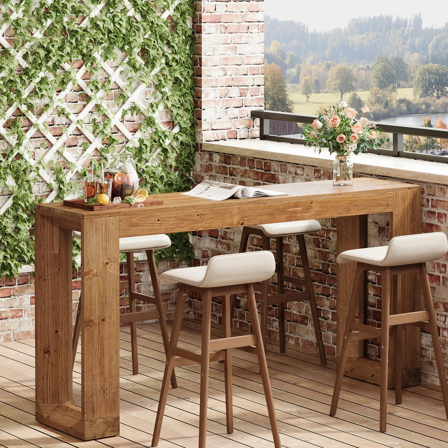 63" Wood Bar Table, Farmhouse Counter Height Pub Table Coffee Bar Units