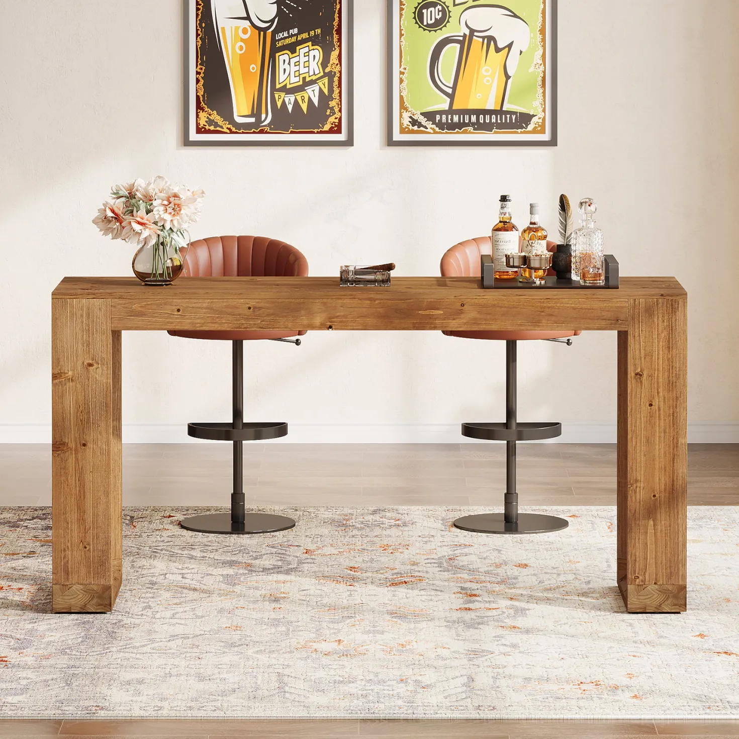 63" Wood Bar Table, Farmhouse Counter Height Pub Table Coffee Bar Units
