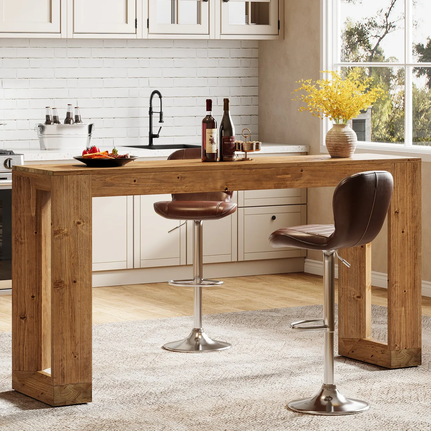 63" Wood Bar Table, Farmhouse Counter Height Pub Table Coffee Bar Units