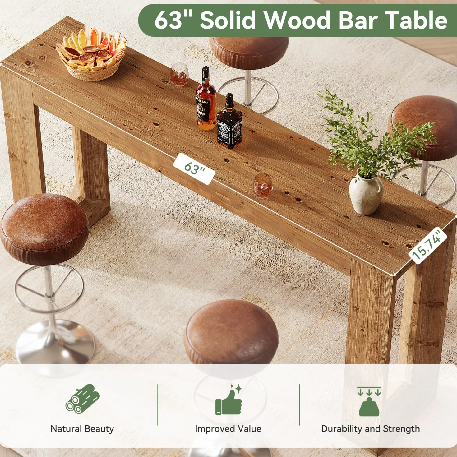63" Wood Bar Table, Farmhouse Counter Height Pub Table Coffee Bar Units