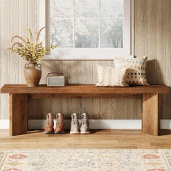 63" Wood Bench, Farmhouse Entryway Bench End of Bed Bench with Thickened Legs