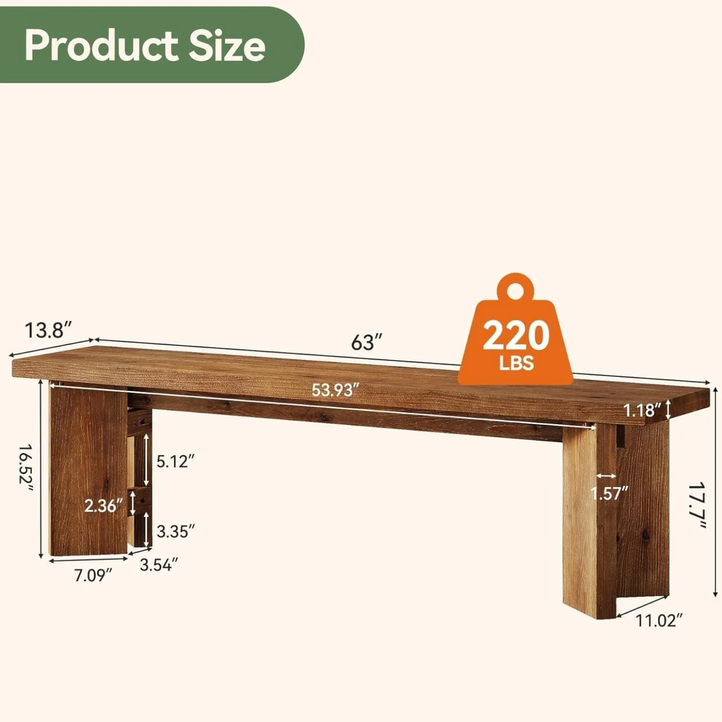 63" Wood Bench, Farmhouse Entryway Bench End of Bed Bench with Thickened Legs