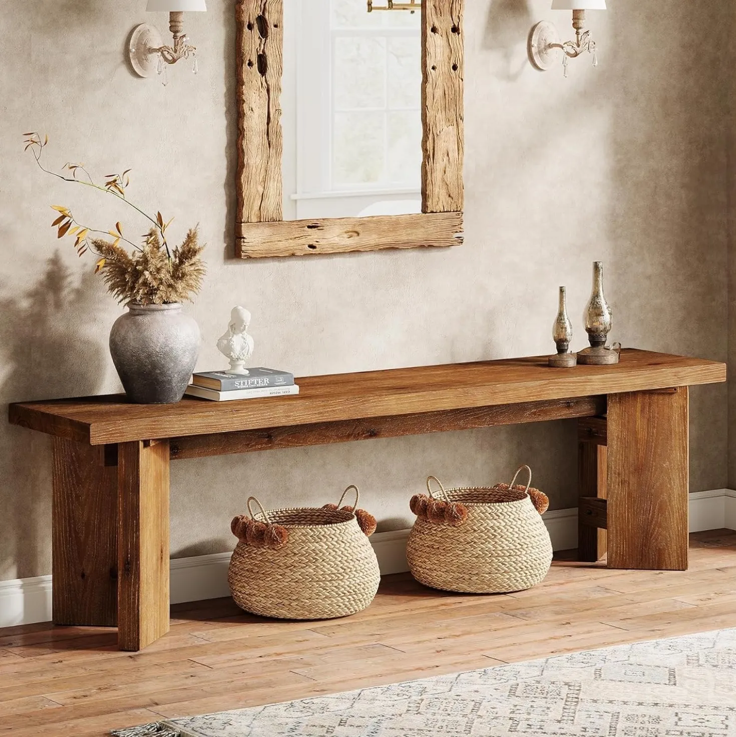 63" Wood Bench, Farmhouse Entryway Bench End of Bed Bench with Thickened Legs