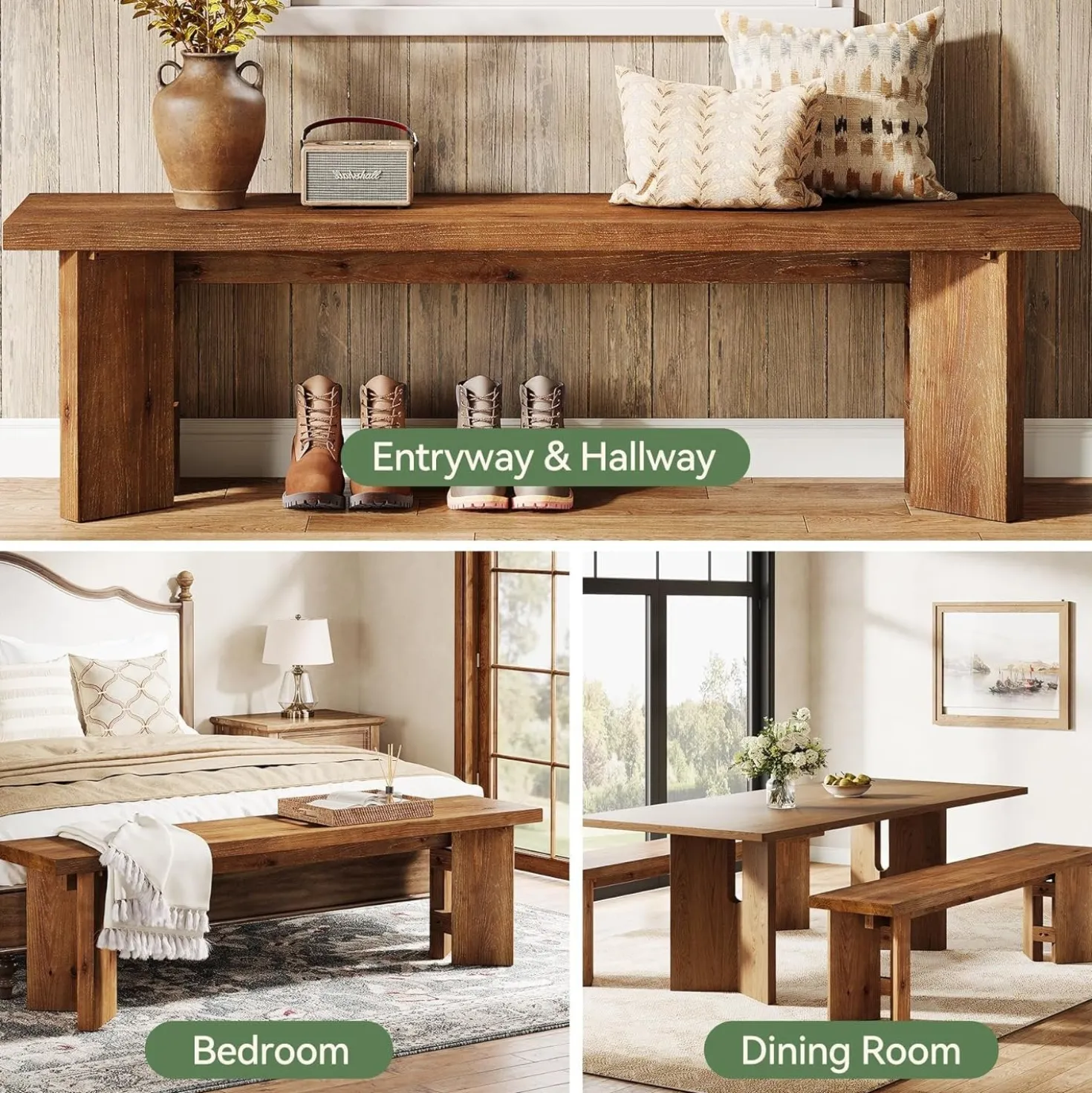 63" Wood Bench, Farmhouse Entryway Bench End of Bed Bench with Thickened Legs