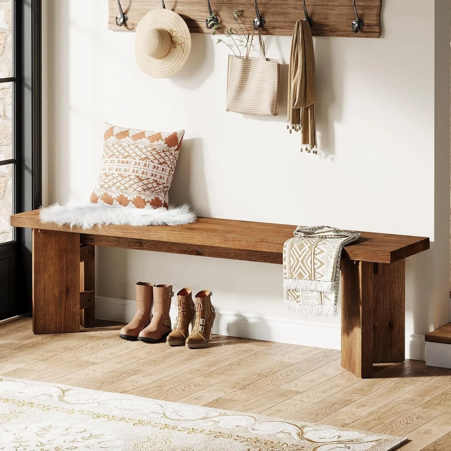 63" Wood Bench, Farmhouse Entryway Bench End of Bed Bench with Thickened Legs