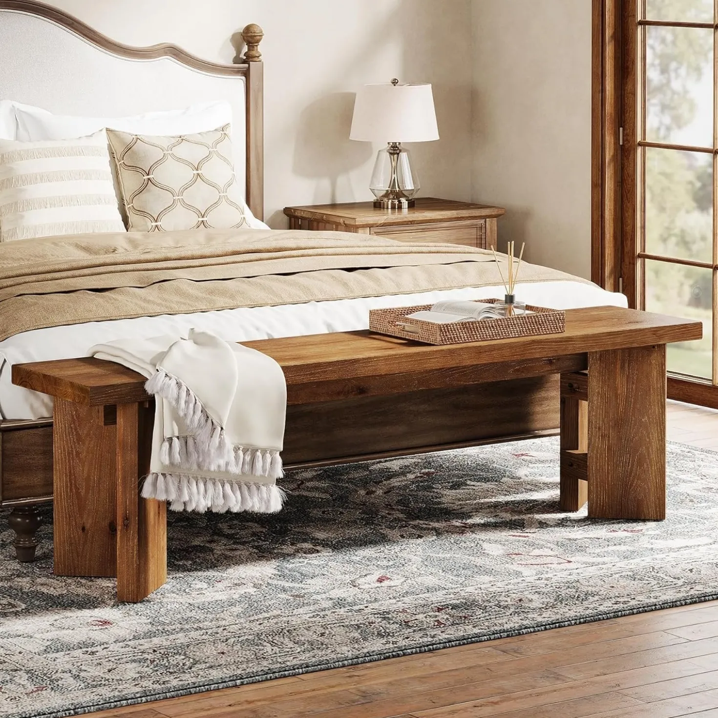63" Wood Bench, Farmhouse Entryway Bench End of Bed Bench with Thickened Legs