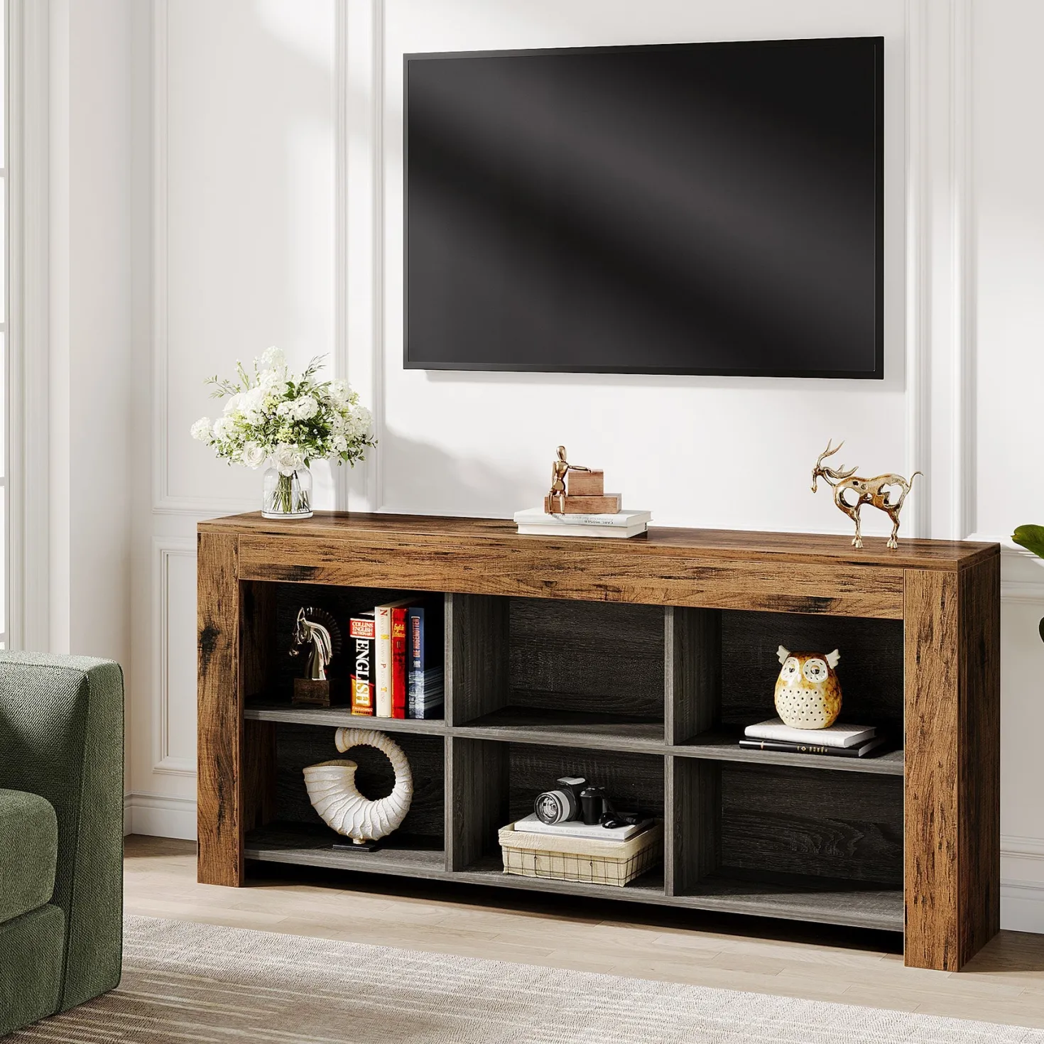 63" Wood Bookshelf, Horizontal Bookcase Storage Display Shelf