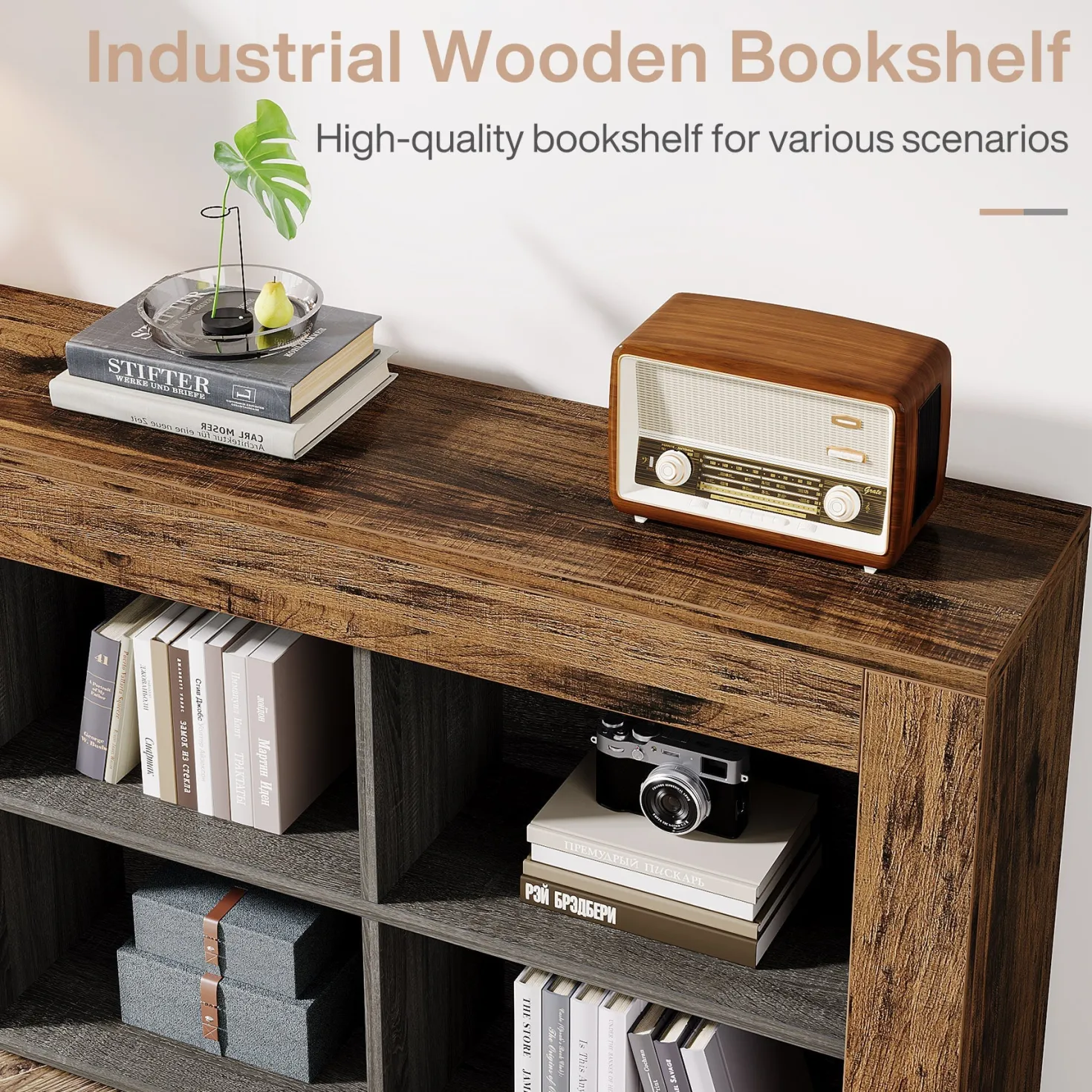 63" Wood Bookshelf, Horizontal Bookcase Storage Display Shelf