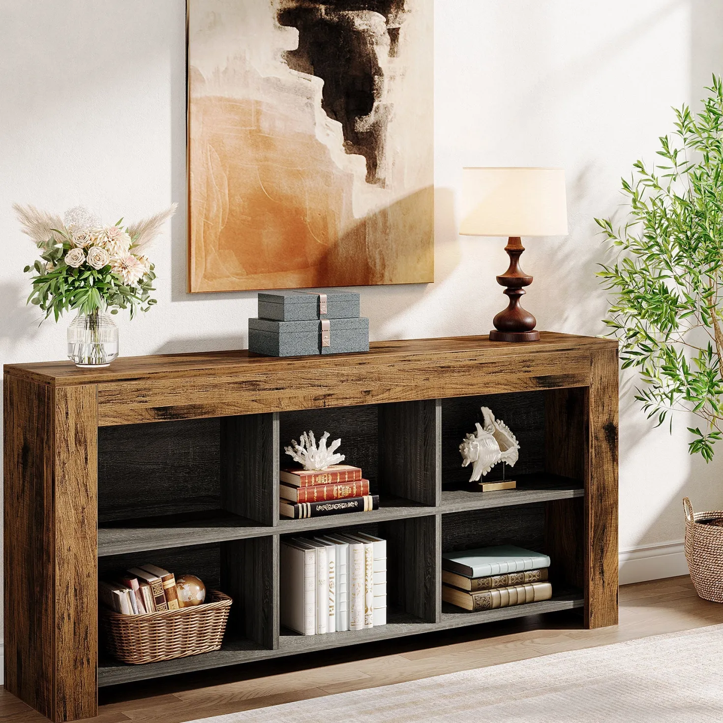 63" Wood Bookshelf, Horizontal Bookcase Storage Display Shelf