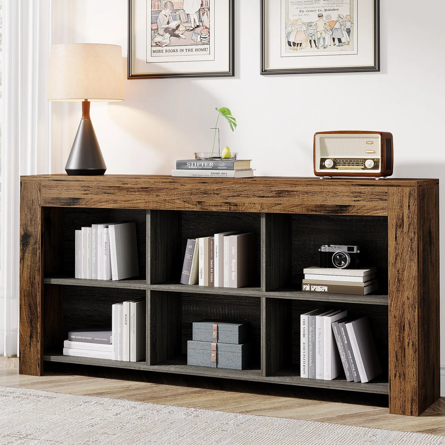 63" Wood Bookshelf, Horizontal Bookcase Storage Display Shelf