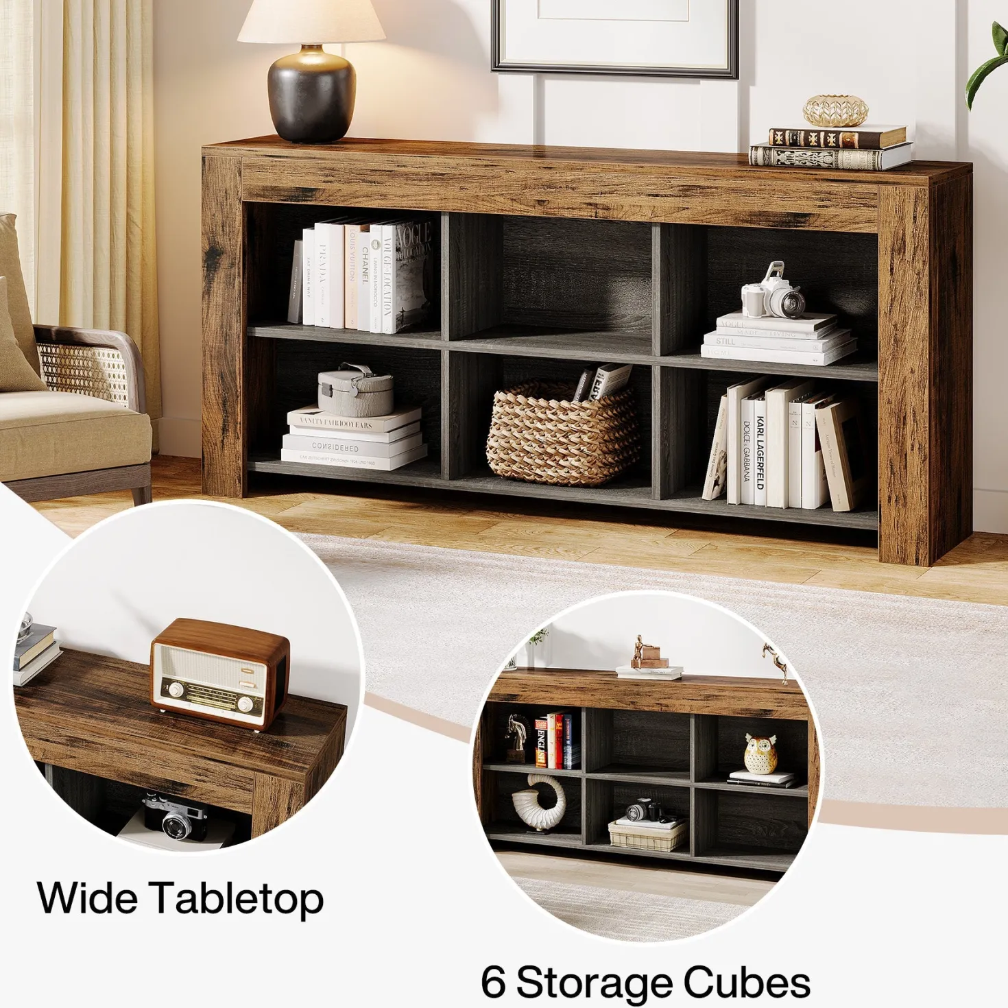 63" Wood Bookshelf, Horizontal Bookcase Storage Display Shelf