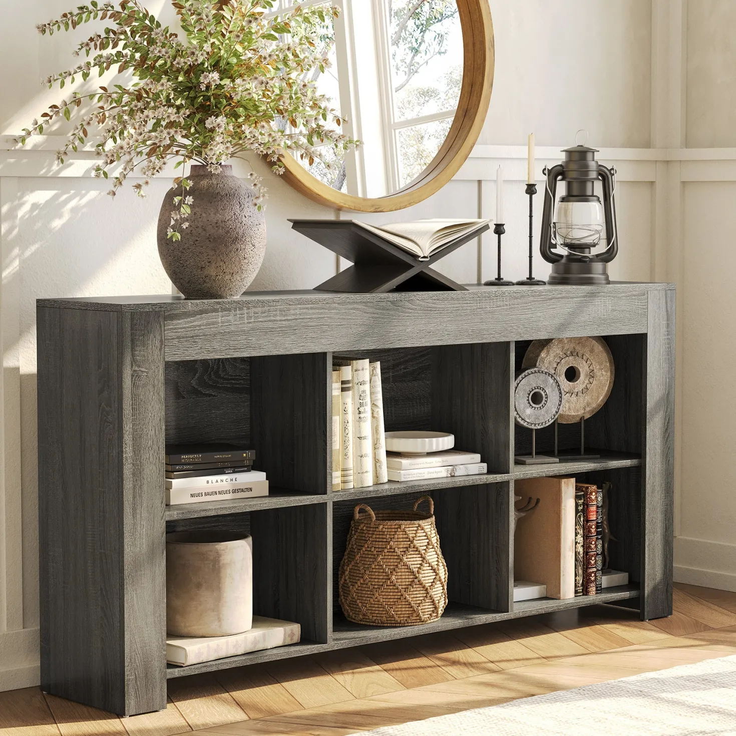 63" Wood Bookshelf, Horizontal Bookcase Storage Display Shelf