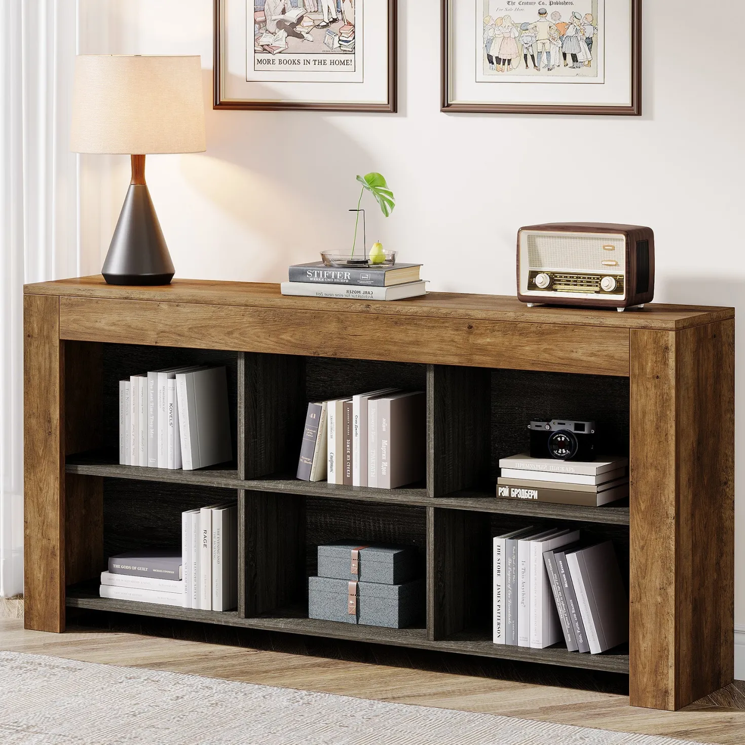 63" Wood Bookshelf, Horizontal Bookcase Storage Display Shelf