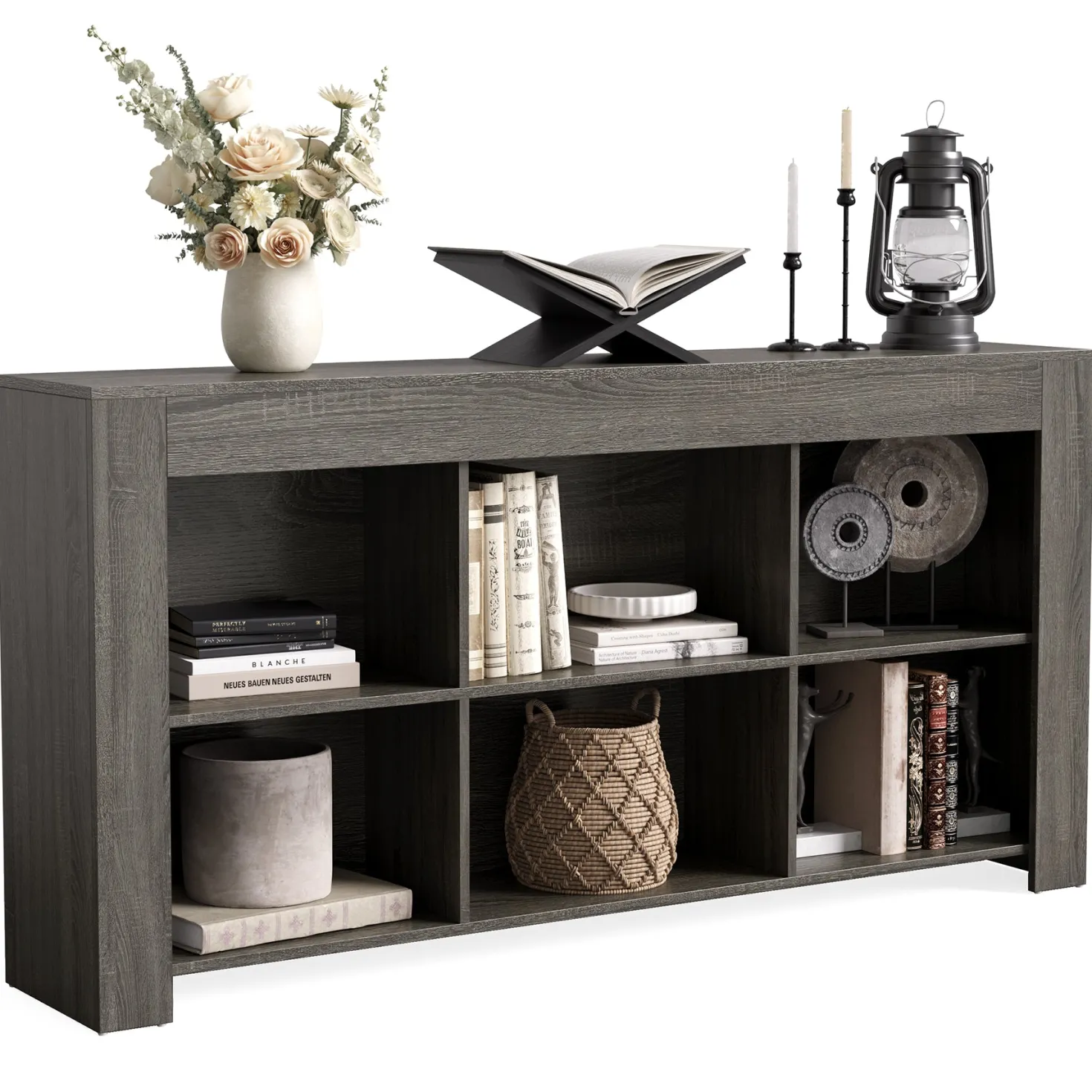 63" Wood Bookshelf, Horizontal Bookcase Storage Display Shelf