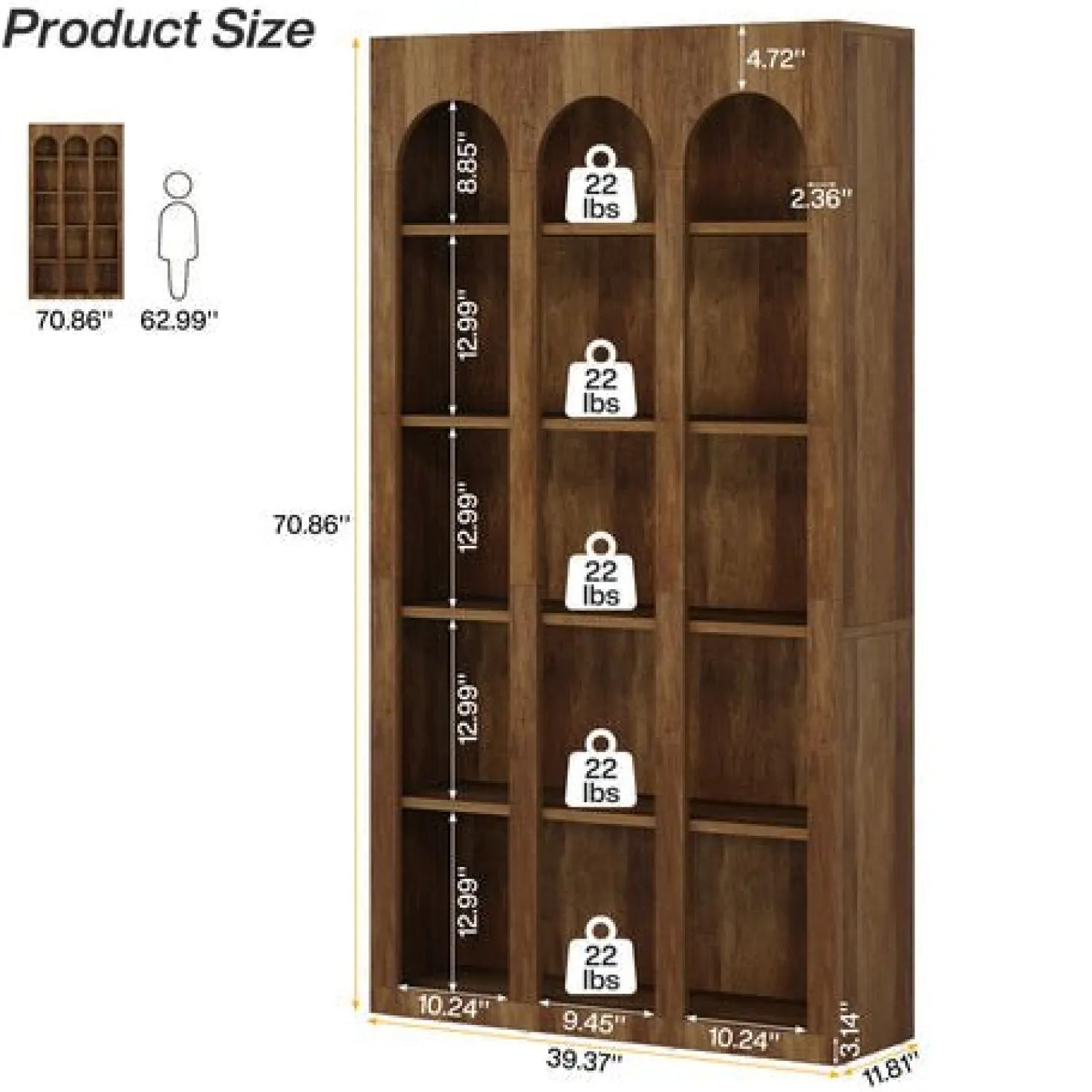 70.8" Wood Bookshelf, 5-Tier Rustic Bookcase Display Storage Shelving Unit