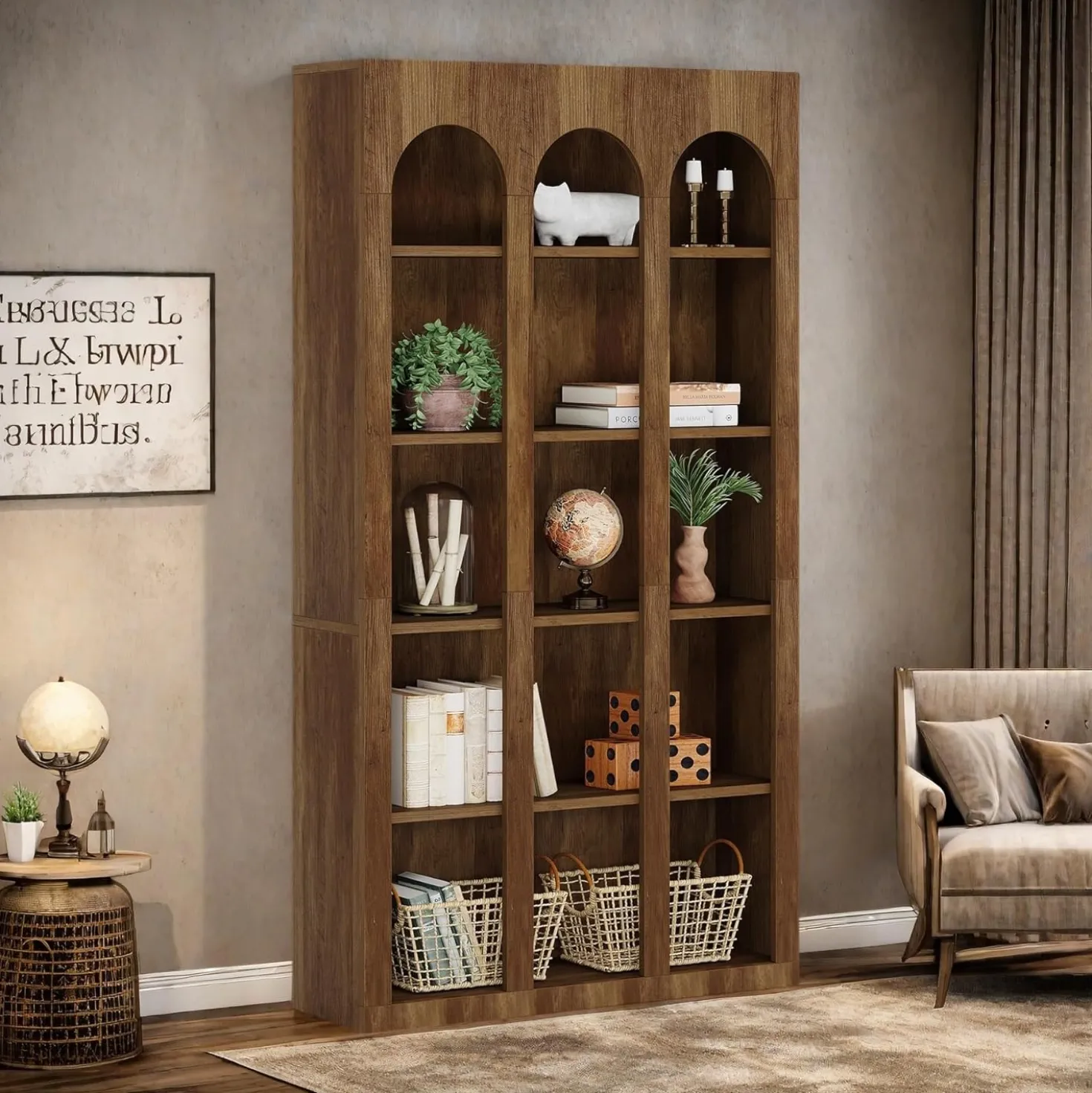 70.8" Wood Bookshelf, 5-Tier Rustic Bookcase Display Storage Shelving Unit