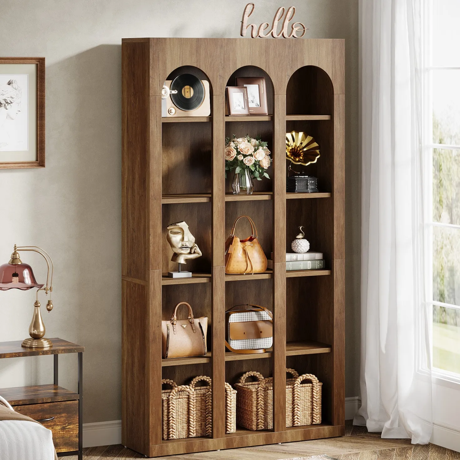 70.8" Wood Bookshelf, 5-Tier Rustic Bookcase Display Storage Shelving Unit