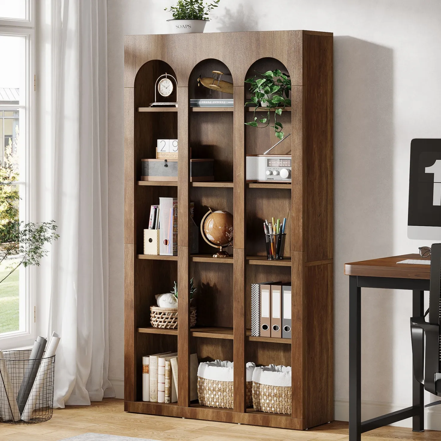 70.8" Wood Bookshelf, 5-Tier Rustic Bookcase Display Storage Shelving Unit