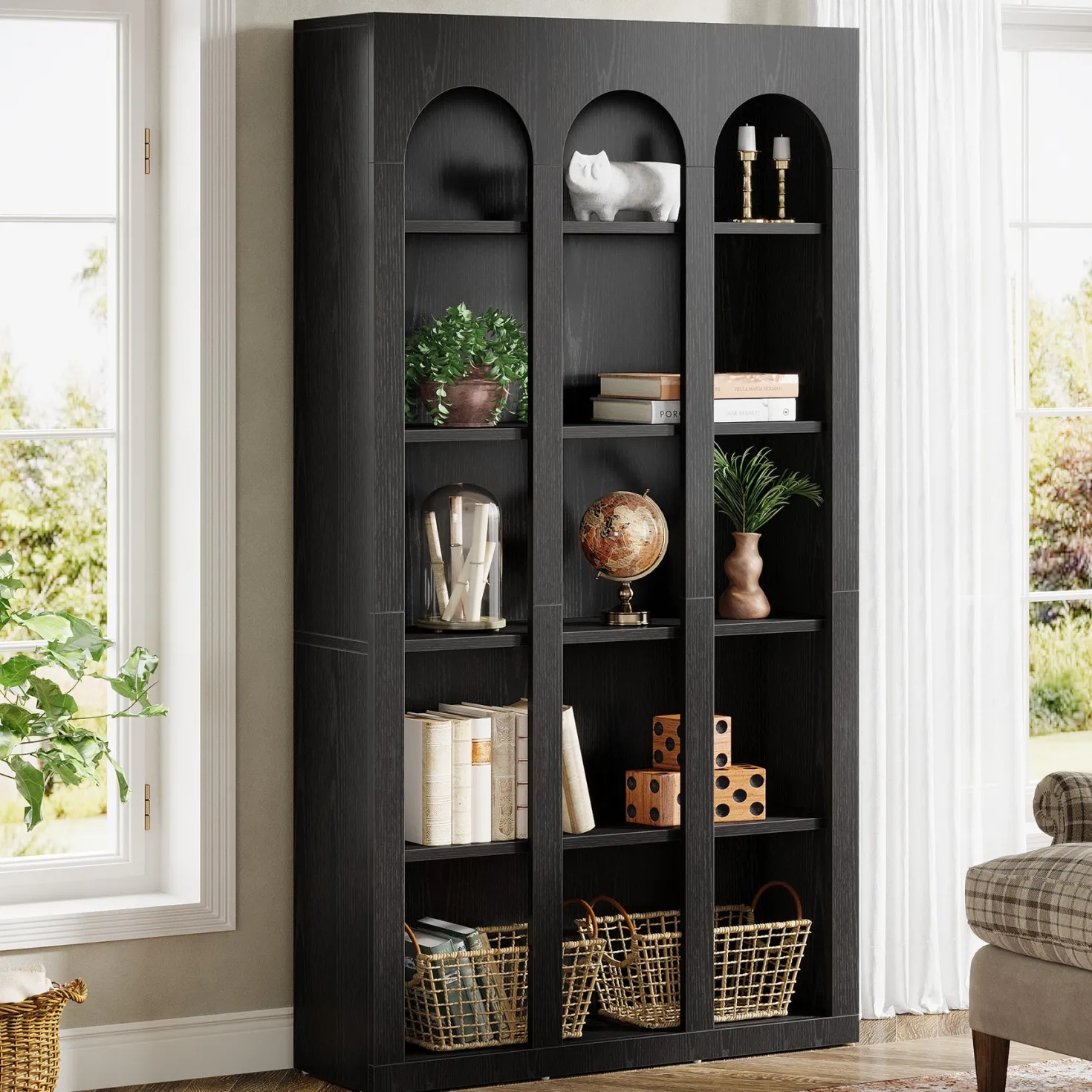 70.8" Wood Bookshelf, 5-Tier Rustic Bookcase Display Storage Shelving Unit