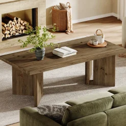 47" Wood Coffee Table, Farmhouse Rectangle Center Table with Triangle Legs