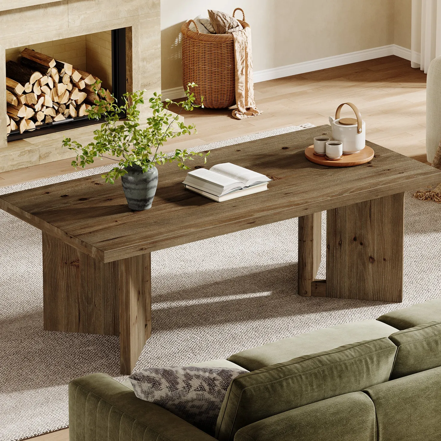 47" Wood Coffee Table, Farmhouse Rectangle Center Table with Triangle Legs
