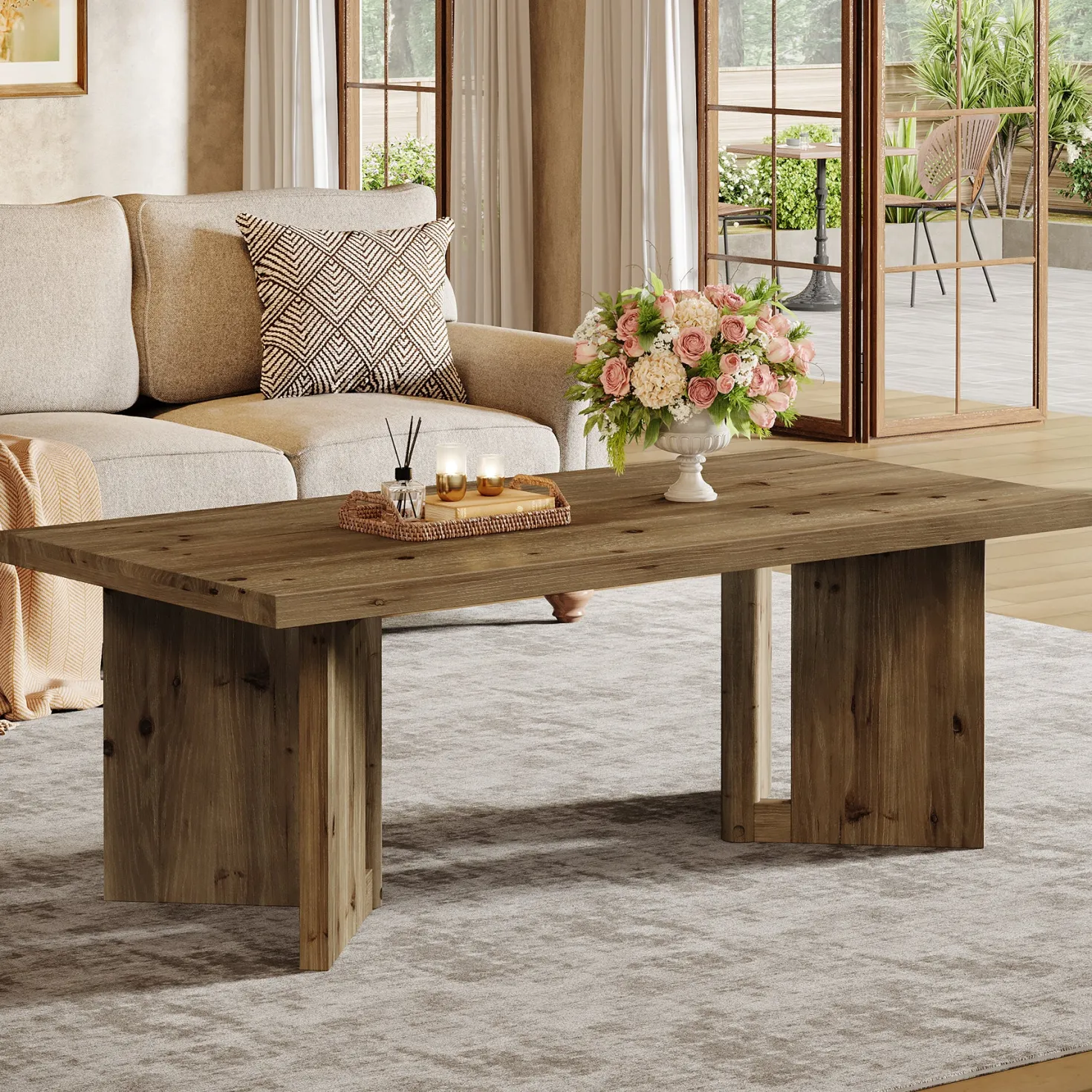 47" Wood Coffee Table, Farmhouse Rectangle Center Table with Triangle Legs