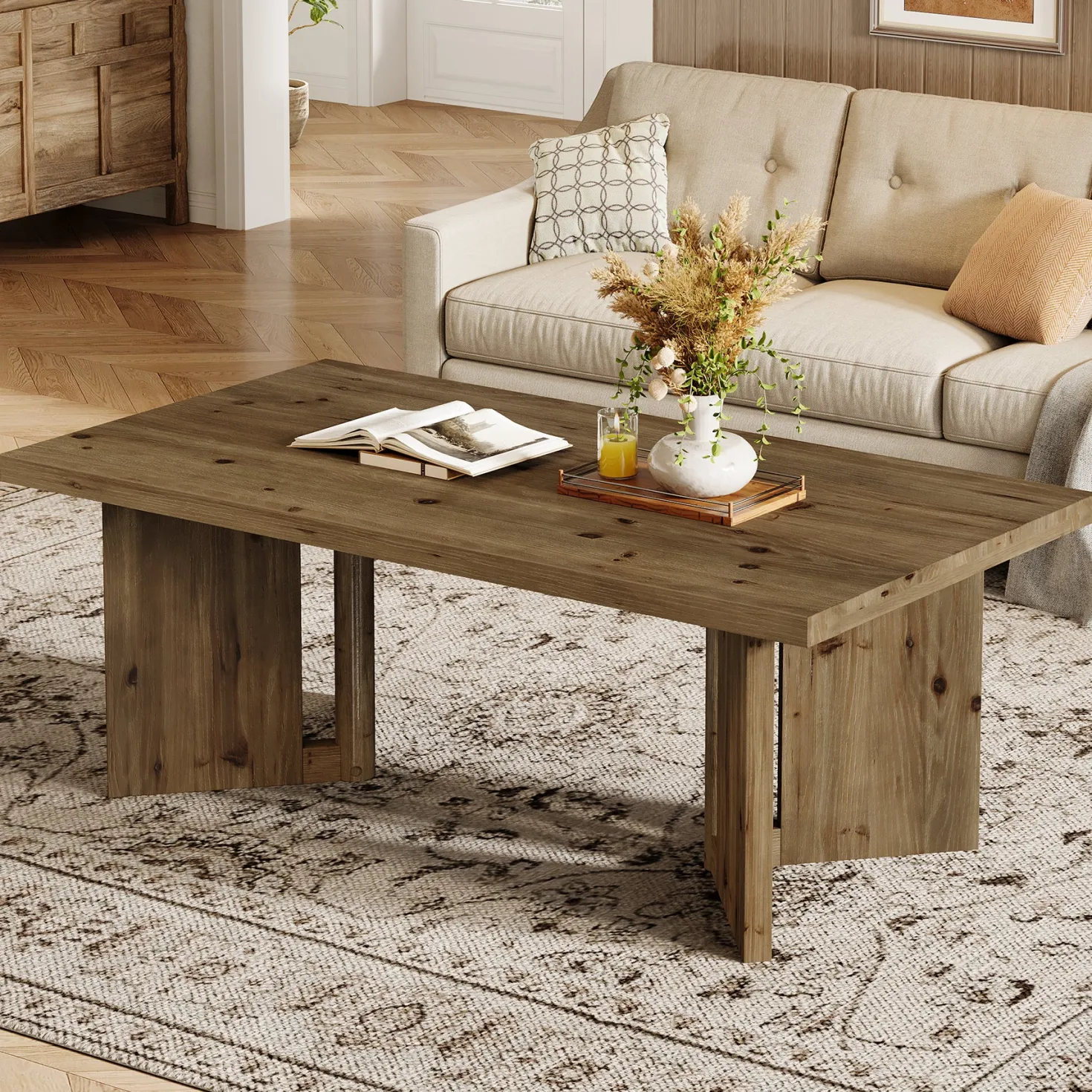 47" Wood Coffee Table, Farmhouse Rectangle Center Table with Triangle Legs