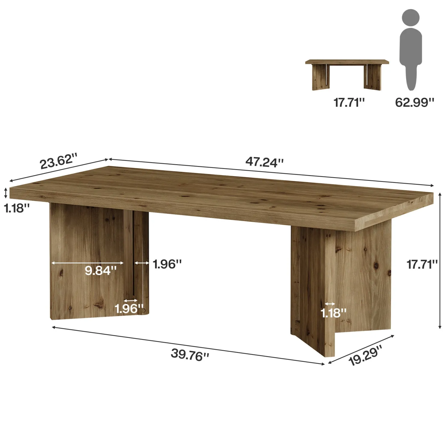 47" Wood Coffee Table, Farmhouse Rectangle Center Table with Triangle Legs