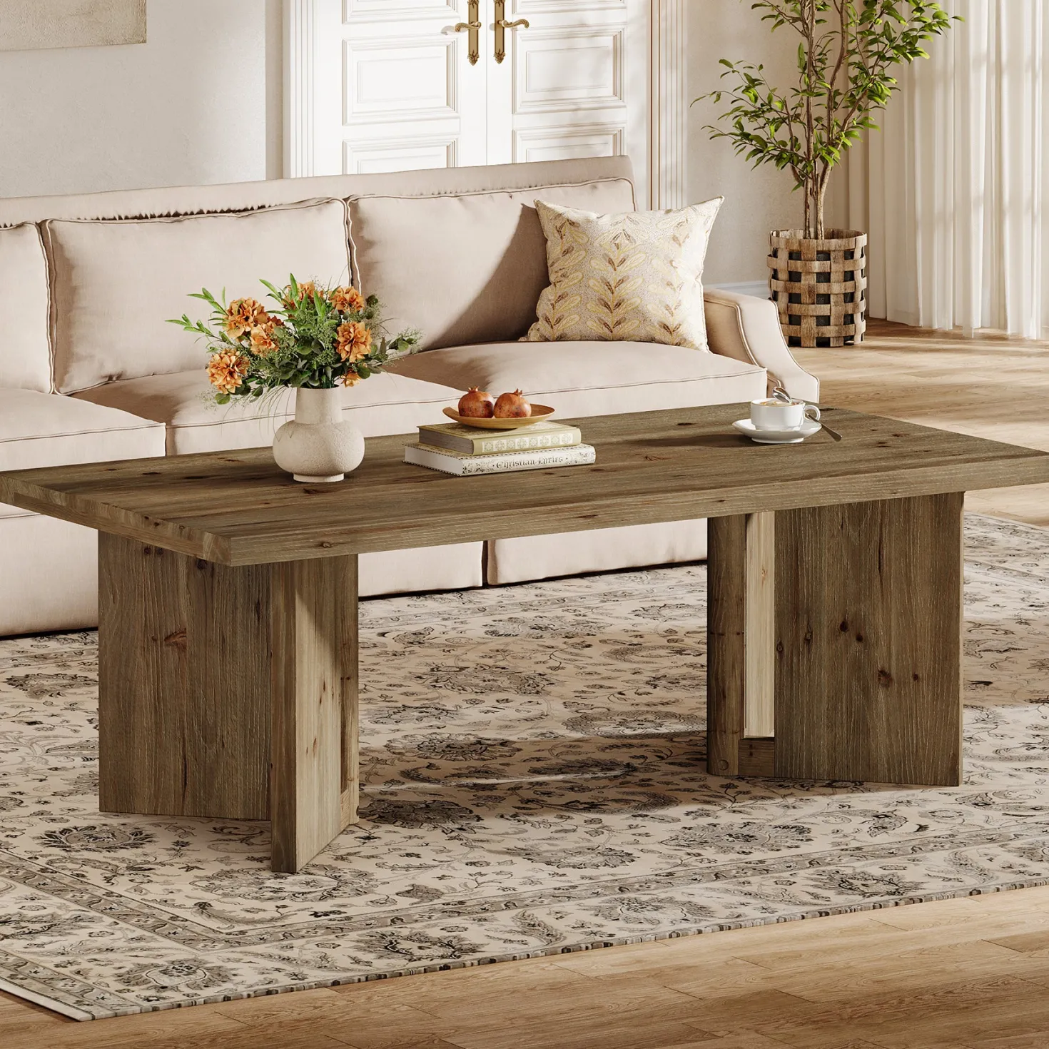 47" Wood Coffee Table, Farmhouse Rectangle Center Table with Triangle Legs