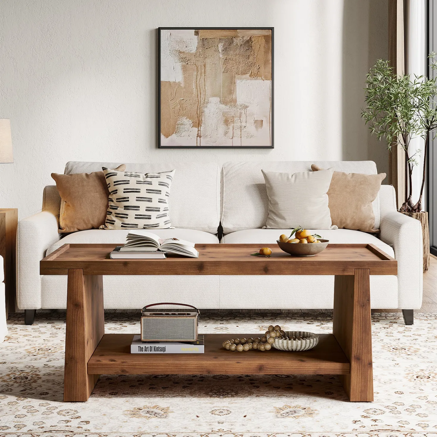 47" Wood Coffee Table, Farmhouse Center Table with 2-Tier Open Storage